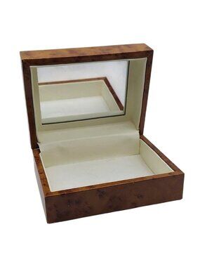 Jewelry Box Faux Wood Lined Interior Mirror Hinged Lid Keepsake Trinkets Vintage